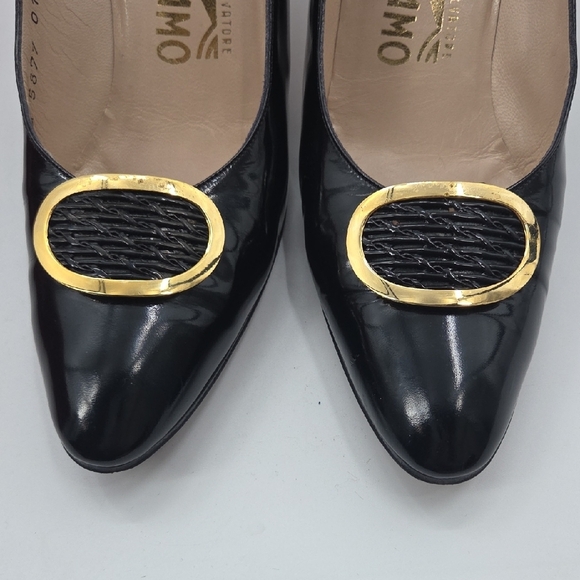 Salvatore Ferragamo Black Heels with Gold Trim - Picture 3 of 12
